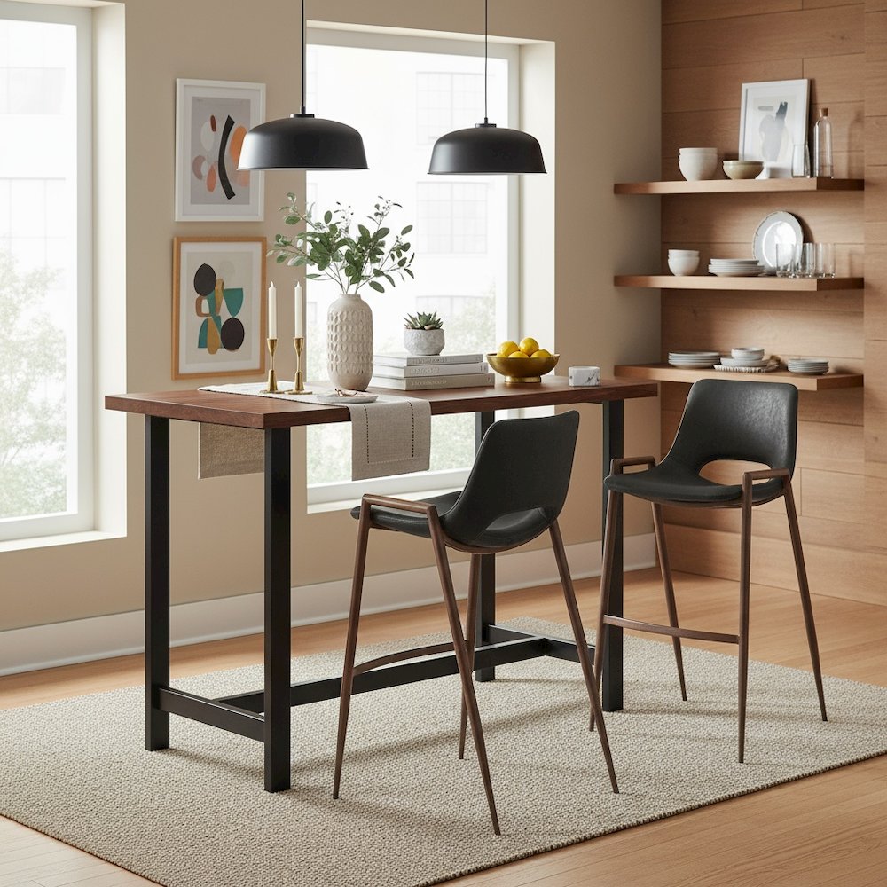 Bar Stools Set of 2, Black Faux Leather, Faux Wood Steel Legs