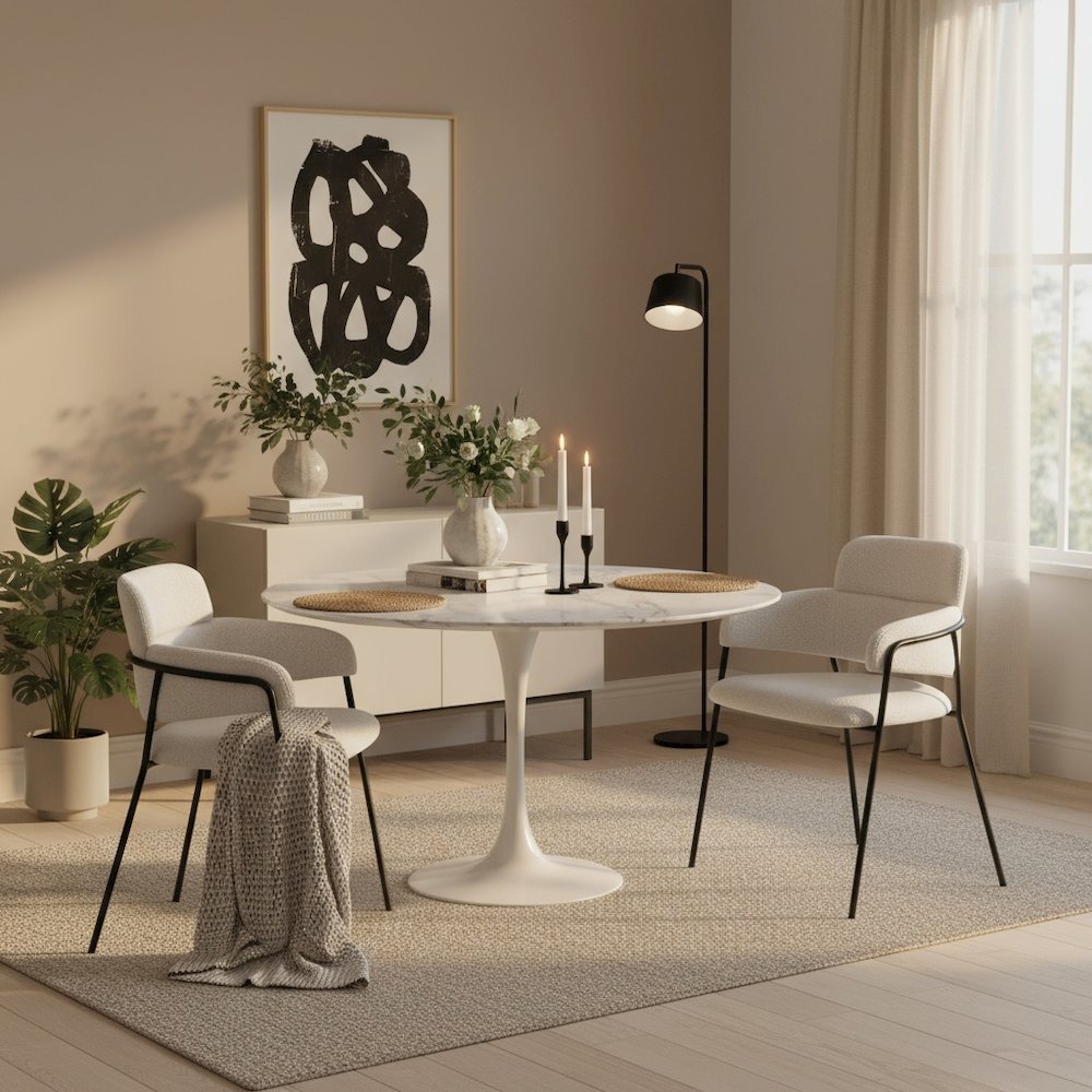 Dining Chairs Set of 2, Cream Shearling Style Fabric, Steel Legs