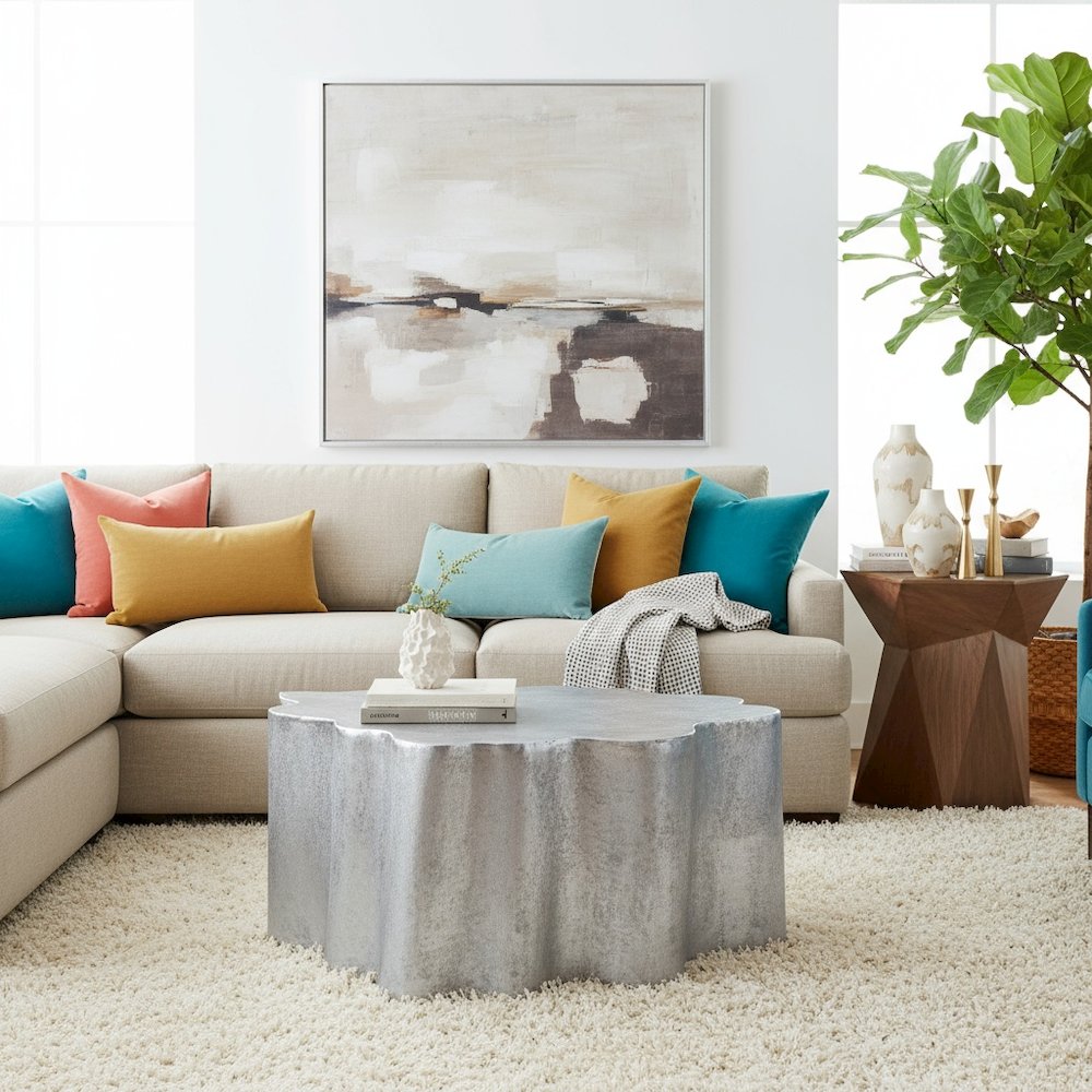 Coffee Table, Antique Silver, Round Aluminum, 90 lb Support