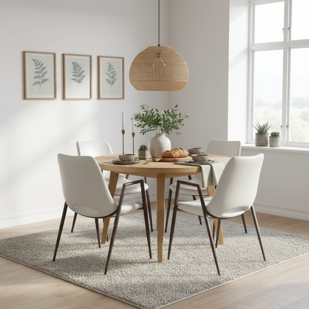 Dining Chairs Set of 2, White Faux Leather, Faux Wood Steel Legs