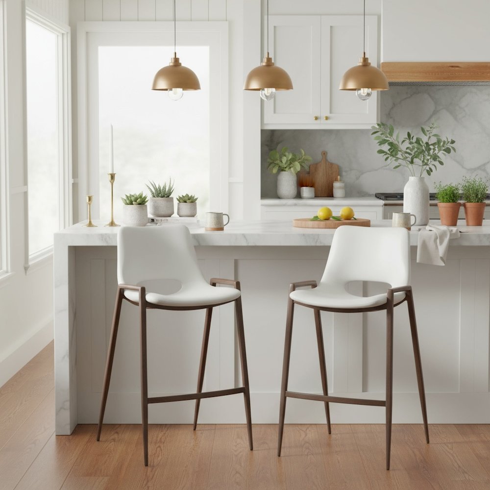 Counter Stools Set of 2, White Faux Leather, Faux Wood Steel Legs