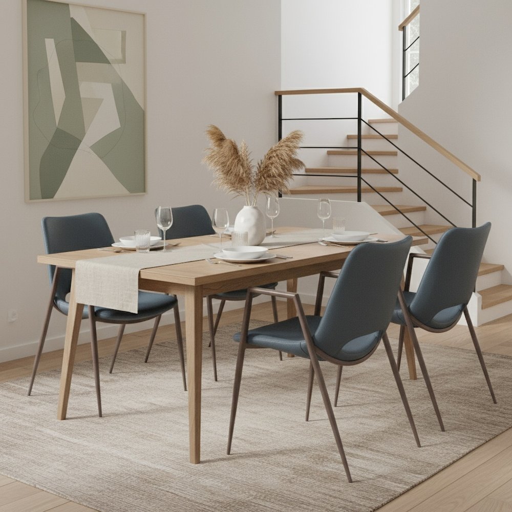 Dining Chairs Set of 2, Azure Gray Faux Leather, Walnut Steel Legs