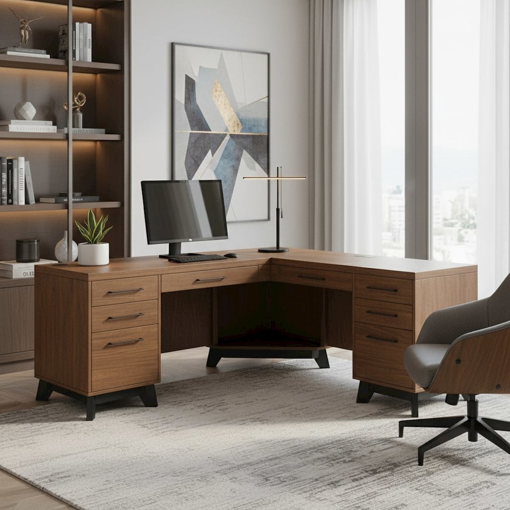 Modern L-Desk Return, Utility & Locking File Drawers, Brown