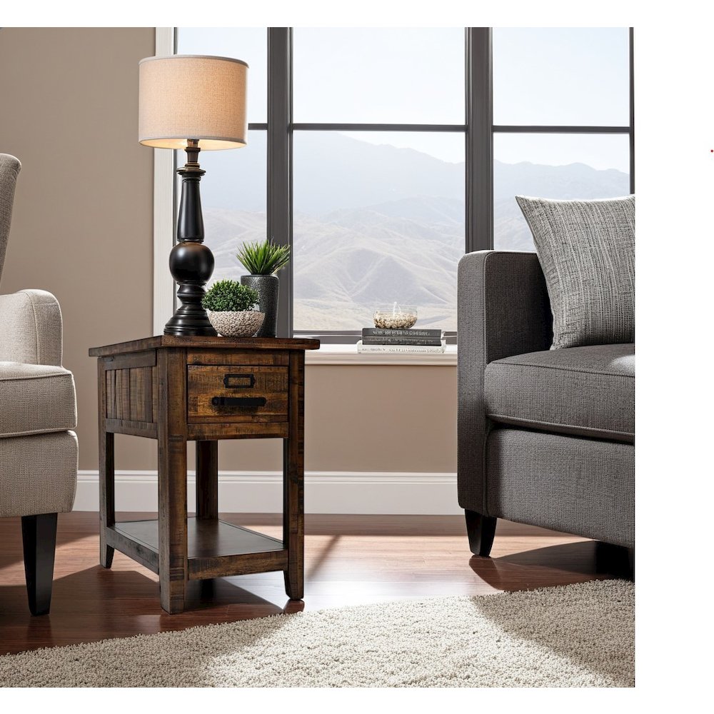 Gray One Drawer Chairside Table with Acacia and Veneer for Industrial Style