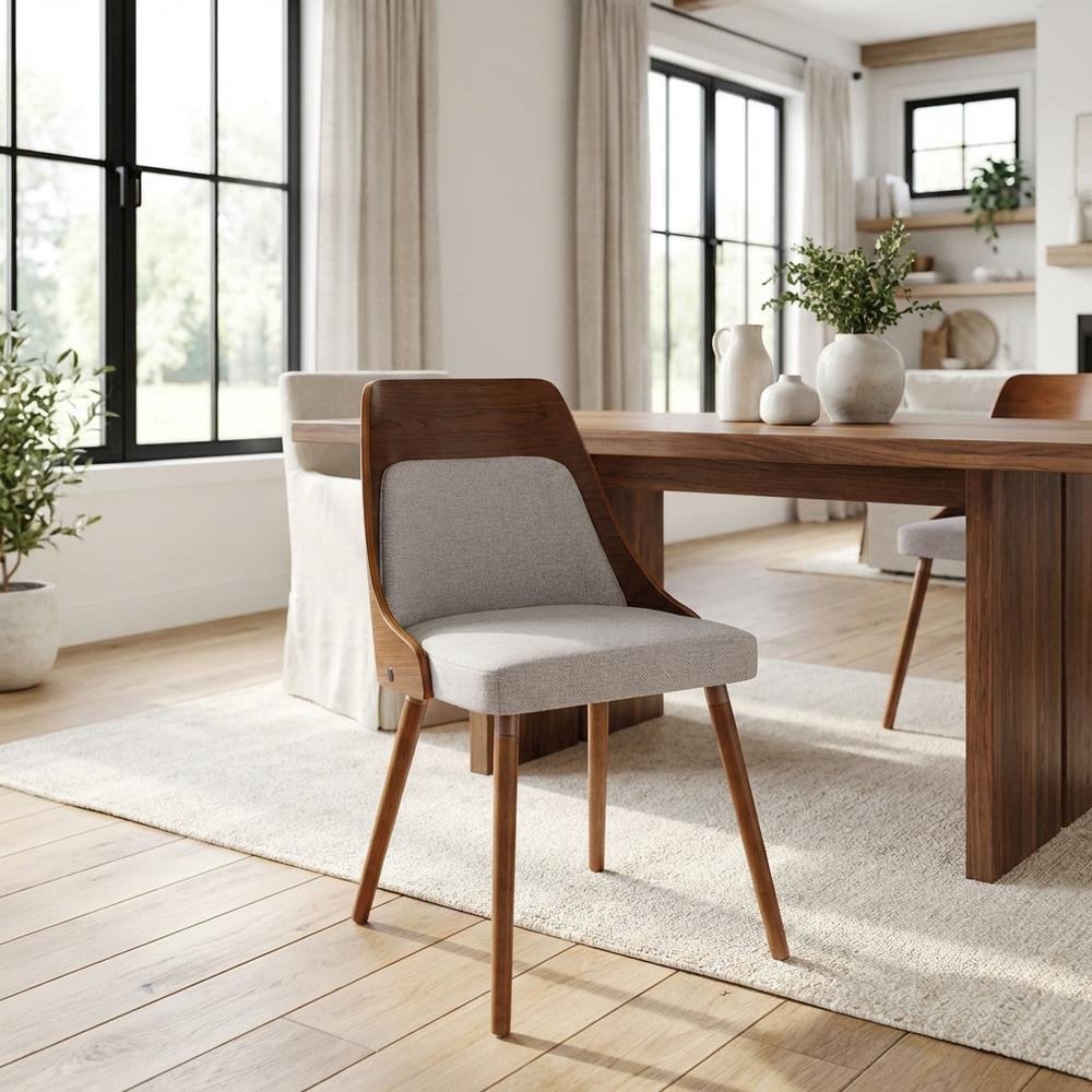 Walnut and Grey Fabric Dining Chair with Wooden Frame and Foam Padding