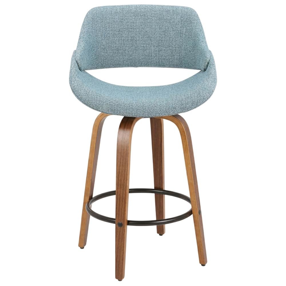Walnut and Blue Noise Fabric Counter Stools, Mid-Century Modern Style, Set of 2