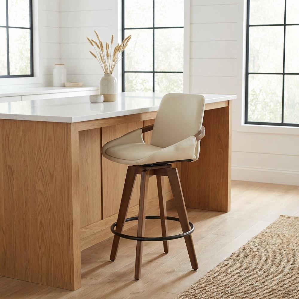 Mid-Century Counter Stool in Walnut and Cream Faux Leather with Armrests