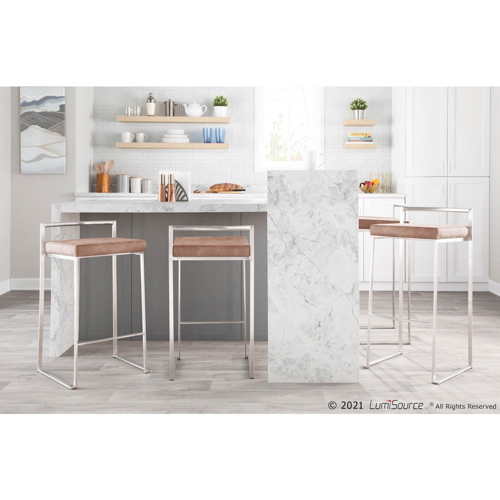 Fuji Stacker 30" Fixed-Height Barstool - Set of 3 in Stainless Steel