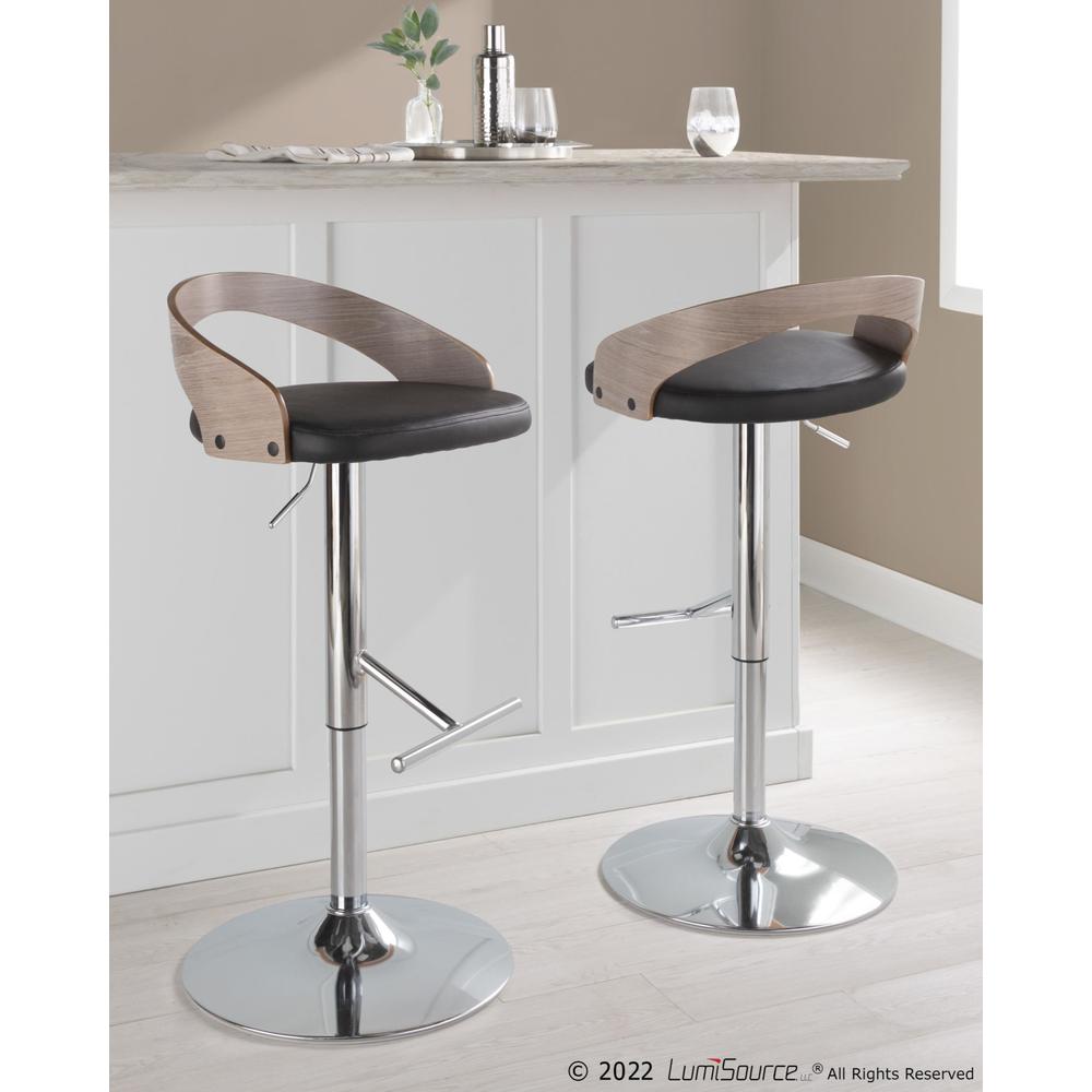 Chrome Metal, Light Grey Wood, Black PU Grotto Adjustable Barstool - Set of 2