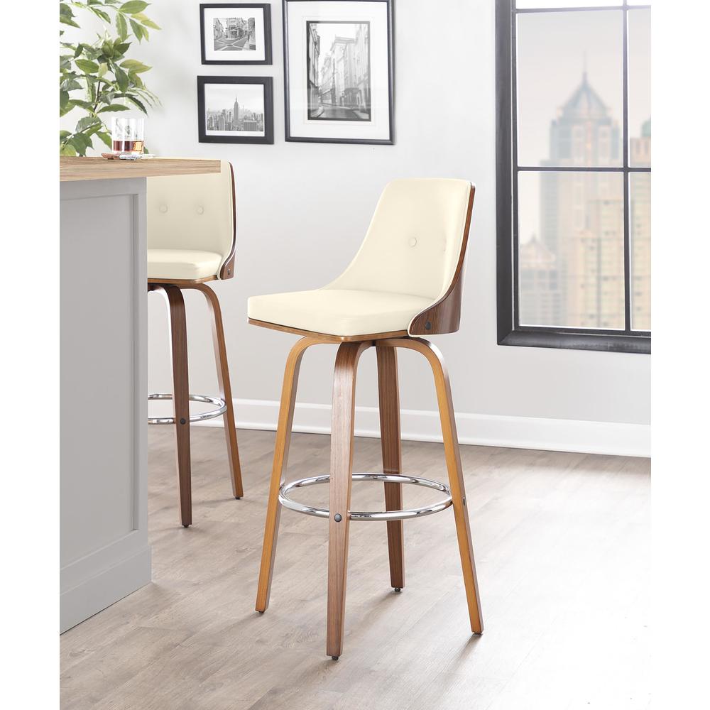 Walnut Wood, Chrome Metal, Cream PU Gianna Fixed-Height Barstool - Set of 2