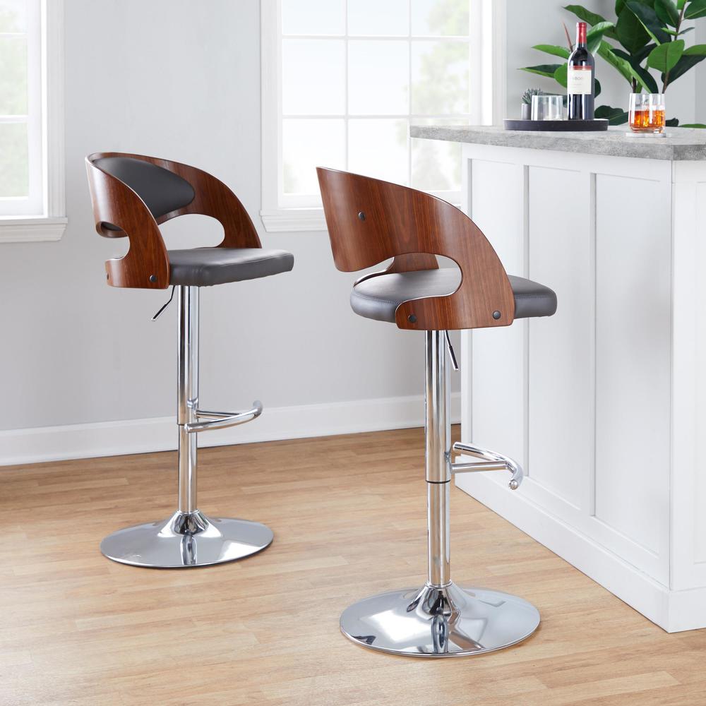 Chrome Metal, Walnut Wood, Grey PU Pino Adjustable Barstool - Set of 2