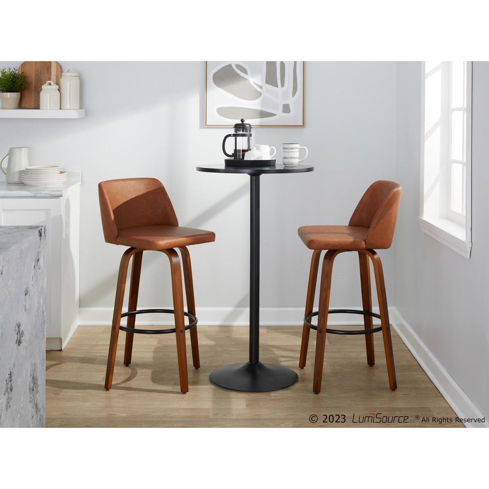 Walnut Wood, Camel PU, Black Metal Toriano 30" Fixed-Height Barstool - Set of 2