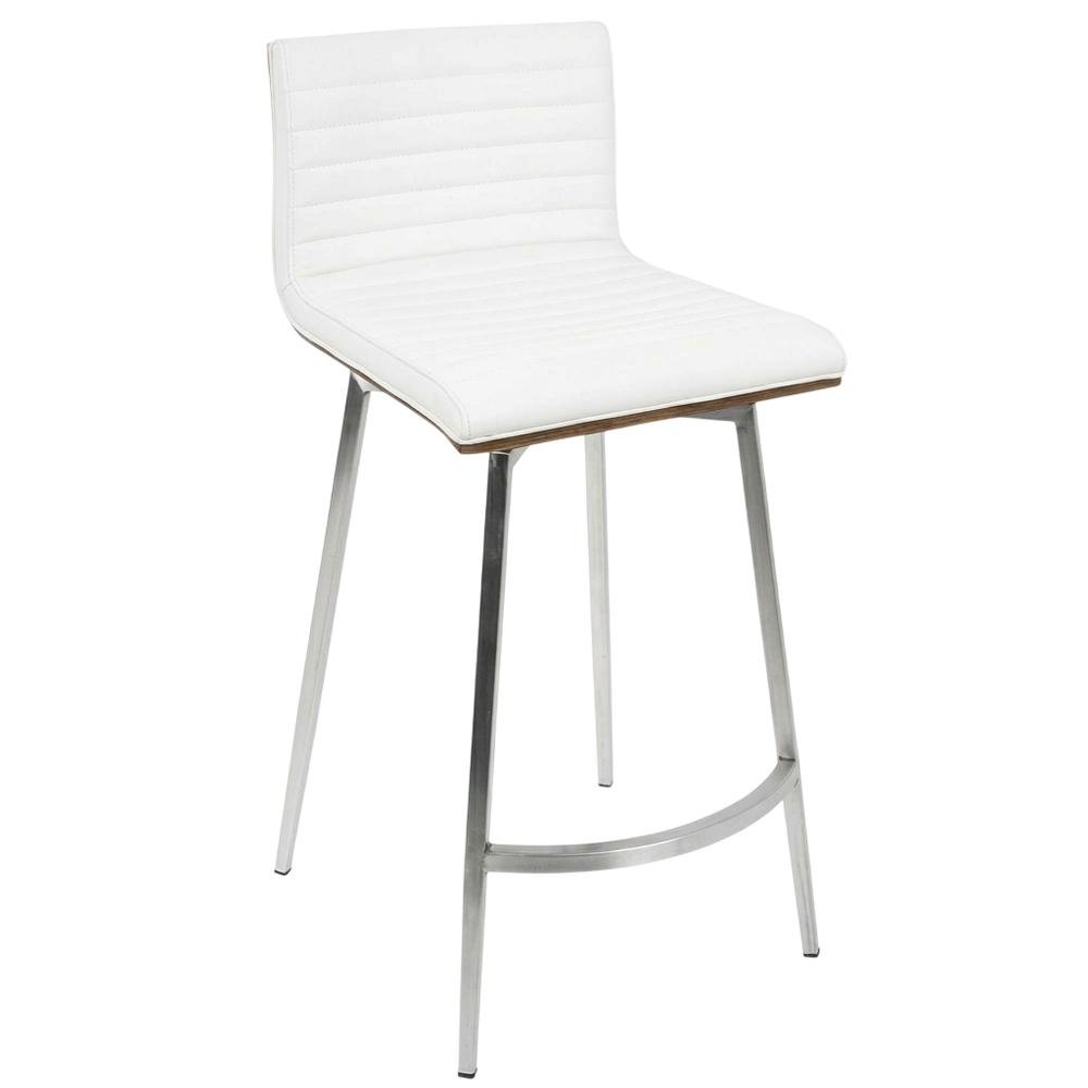 Stainless Steel and Walnut Counter Stool with White Faux Leather Cover, Set of 2