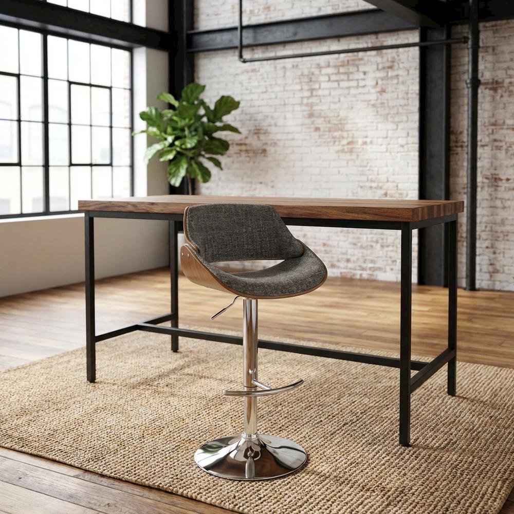 Walnut and Grey Adjustable Barstool with Swivel and Modern Design