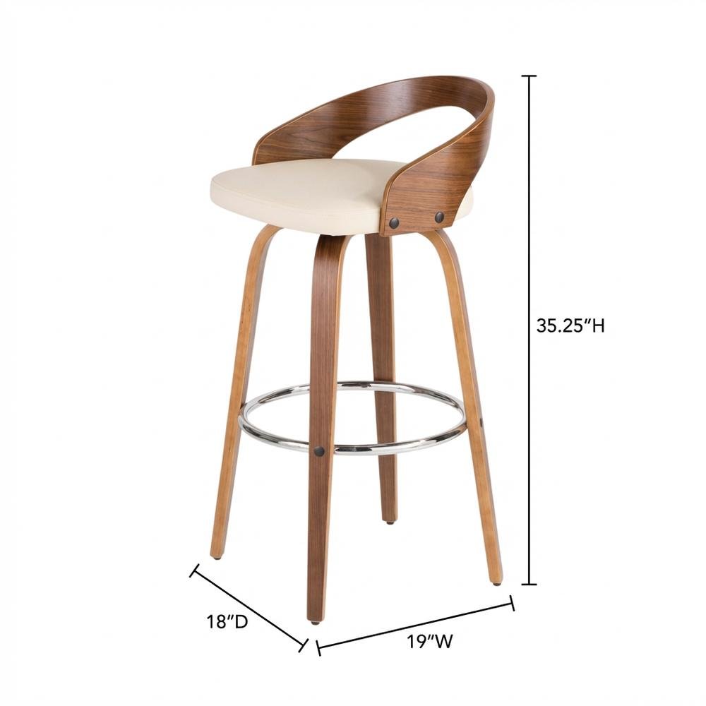Mid-Century Modern Barstool Set in Walnut and Cream Faux Leather