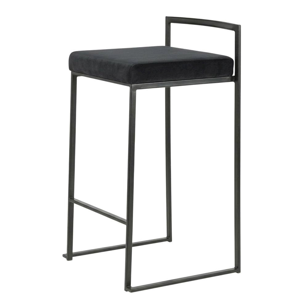 Black contemporary stackable counter stool set with velvet cushions