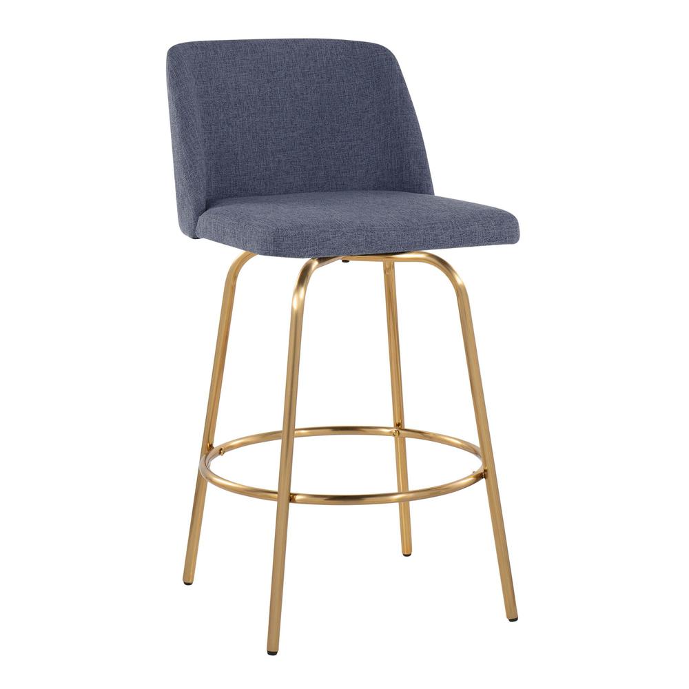 Blue Fabric, Gold Metal Toriano 26" Fixed-Height Counter Stool - Set of 2