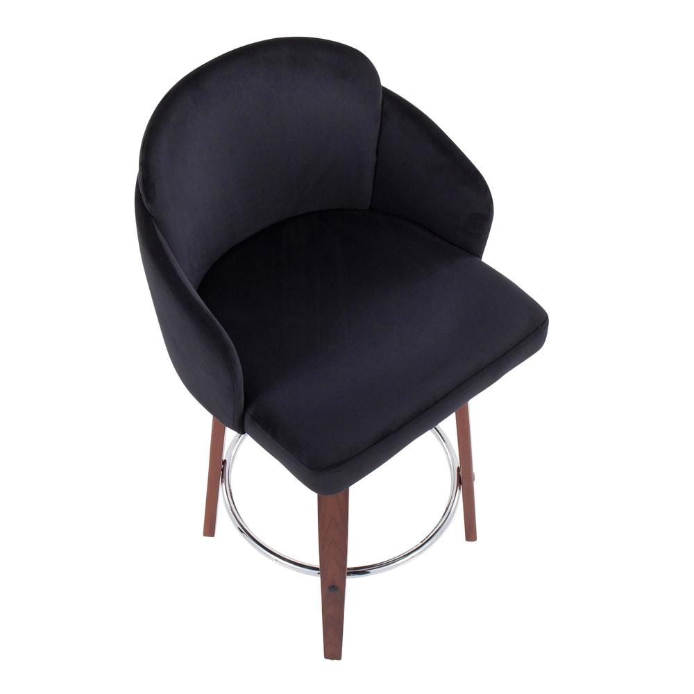 Walnut Wood, Black Velvet, Chrome, Gold Metal Dahlia Counter Stool - Set of 2