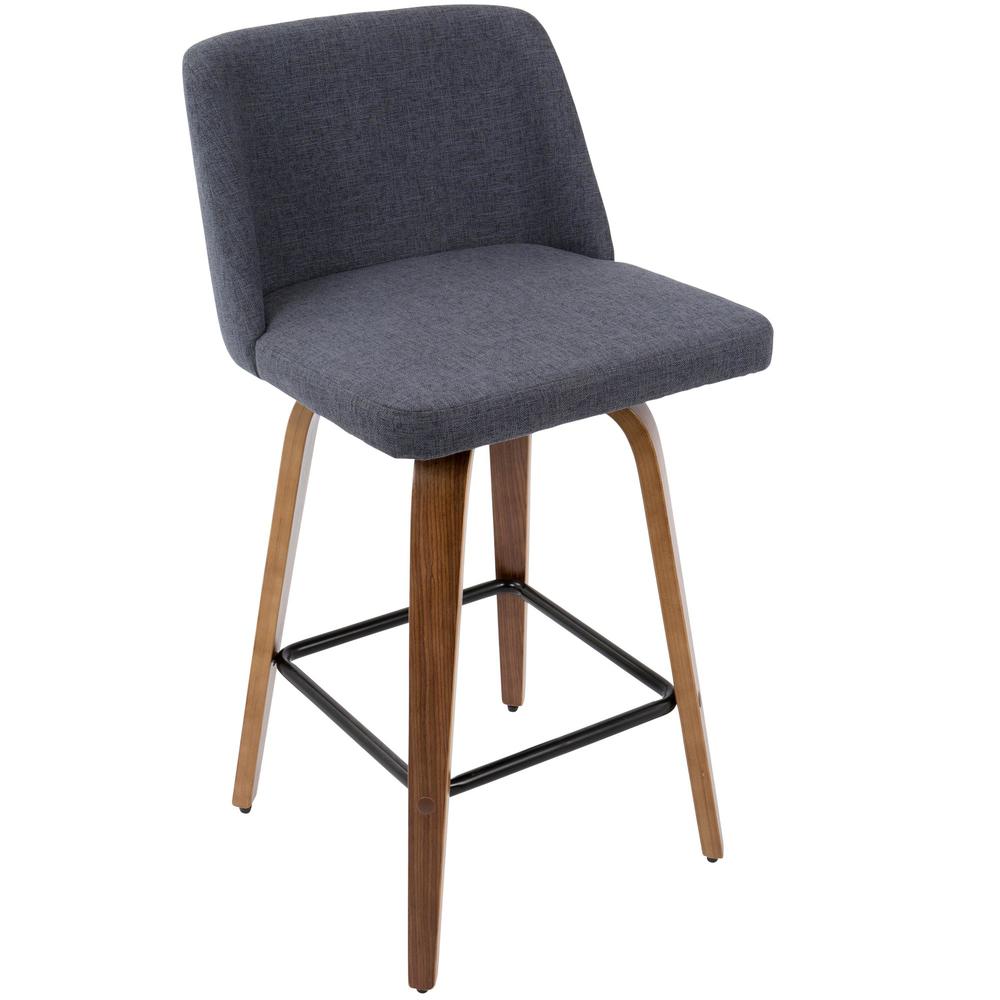 Toriano Mid-Century Modern Counter Stool in Walnut and Blue Fabric - Set of 2