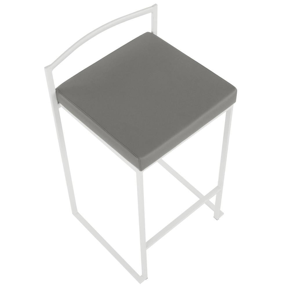 Fuji Contemporary Stackable Counter Stool in White with Grey Faux Leather Cushion - Set of 2