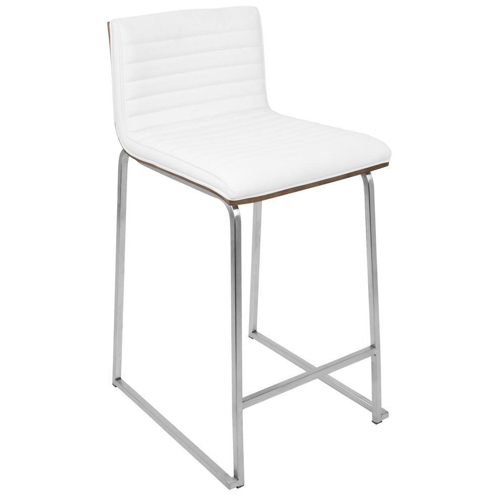 Mara 26" Contemporary Counter Stool in Brushed Stainless Steel, Walnut Wood, and White Faux Leather - Set of 2
