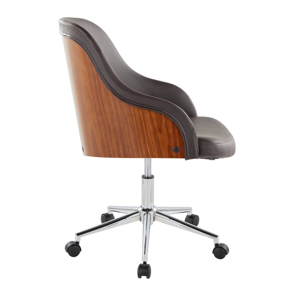 Bacci Office Chair in Chrome Metal, Walnut Wood, Brown PU color