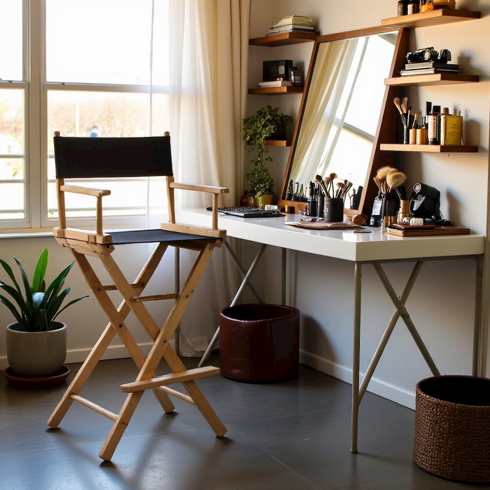 Foldable Director Chair with Natural Wood Frame and Black Canvas
