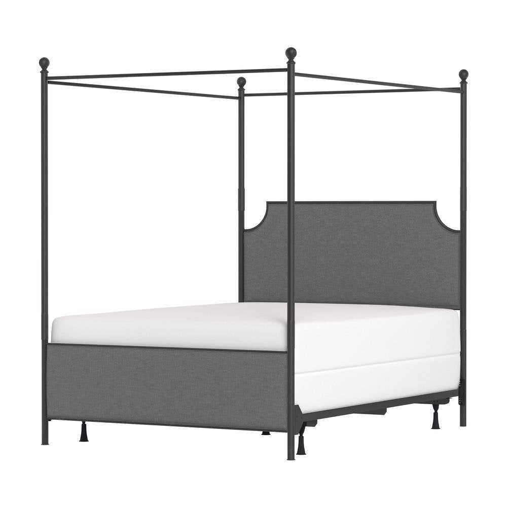 Queen Size Canopy Frame in Black Metal with Upholstered Headboard