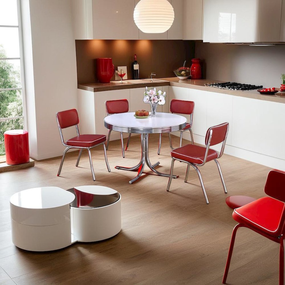 Chic 5-Piece Round Dining Set in Glossy White and Red for Stylish Spaces