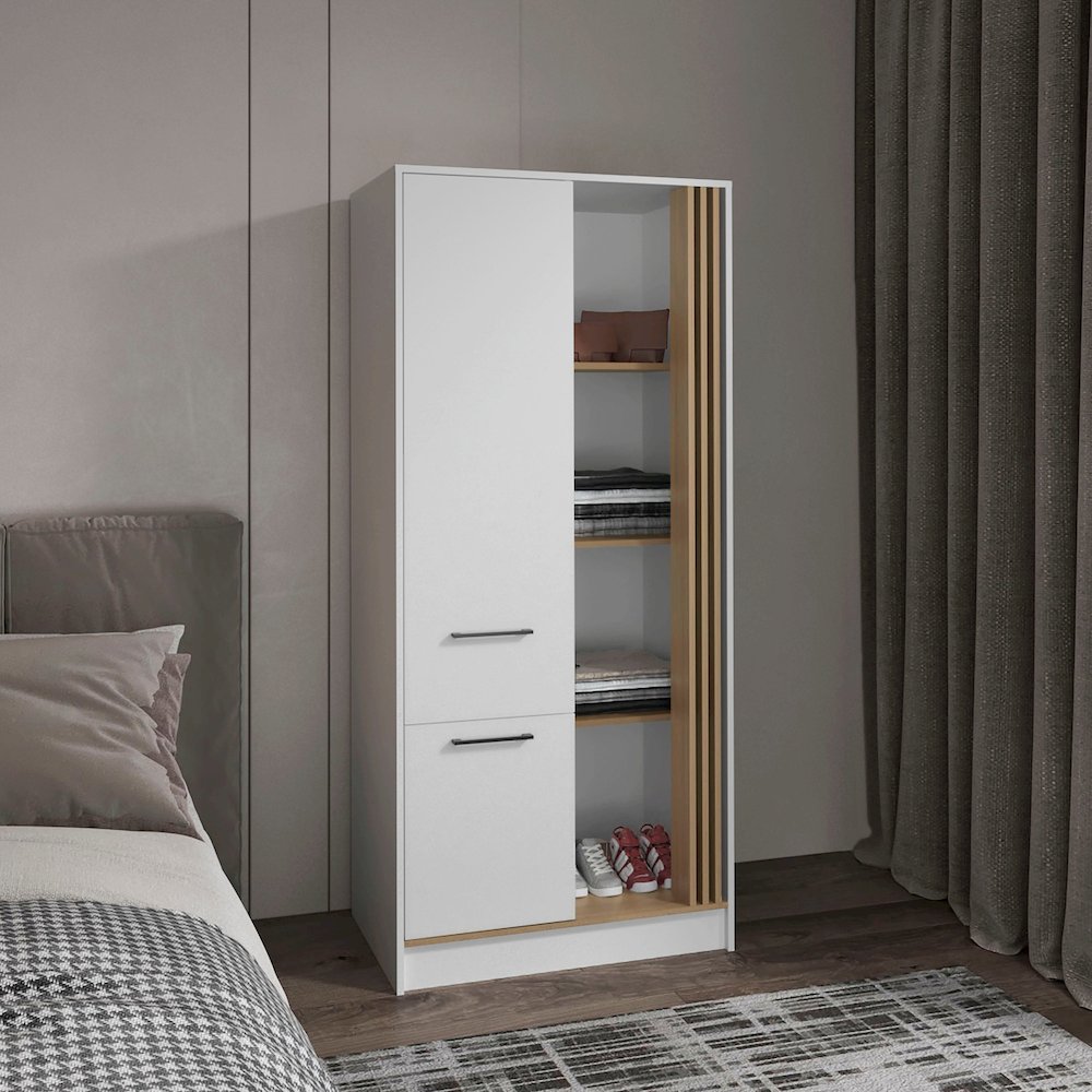 Ferndale Armoire, 1 Door, 1 Drawer, 5 Shelves, White/Natural Oak