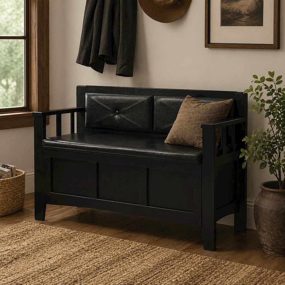 Padded Bench in Black Faux Leather with Wooden Frame and Cushioned Seat
