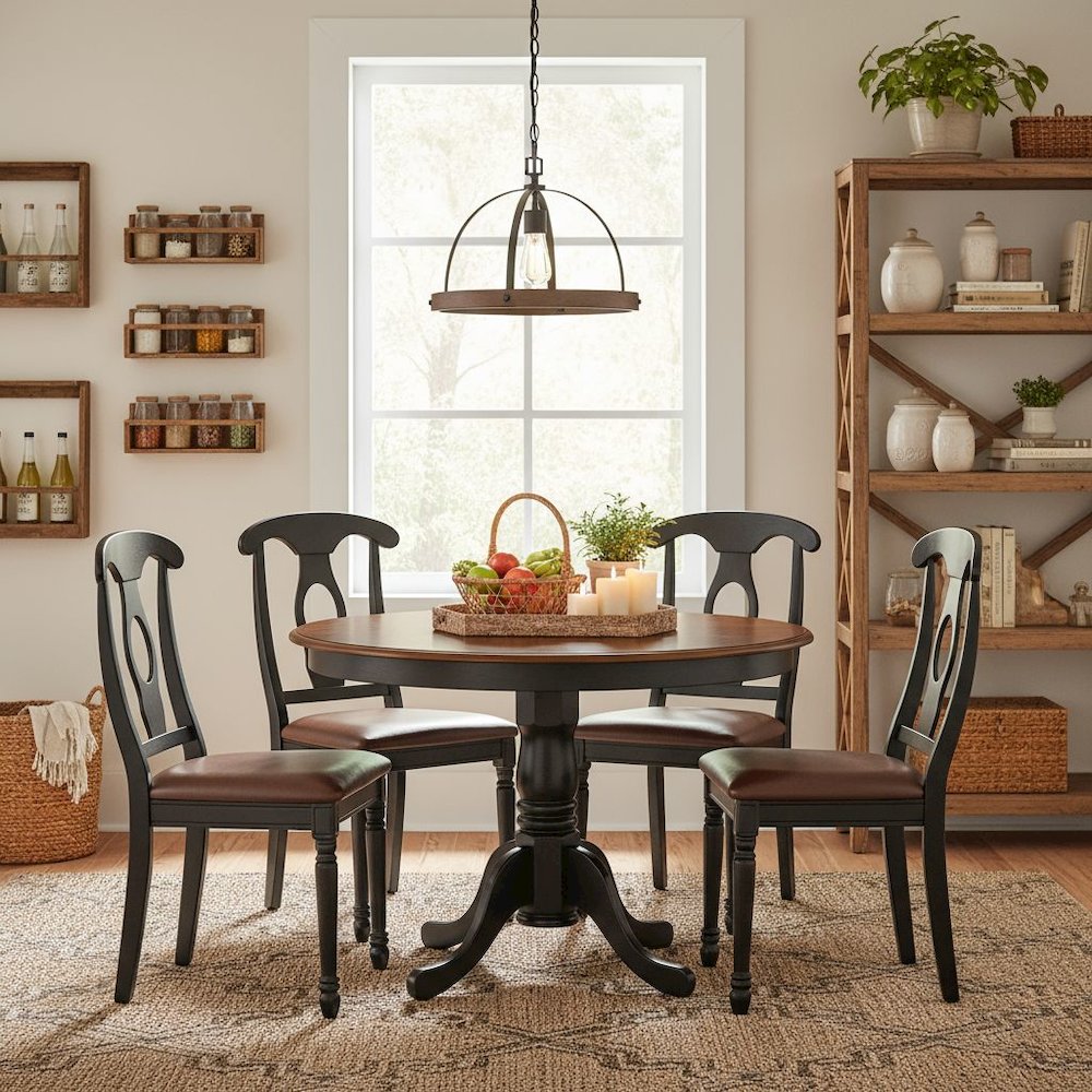 5 Piece Dining Furniture Set, Round Table, 4 Leather Chairs, Cherry and Black