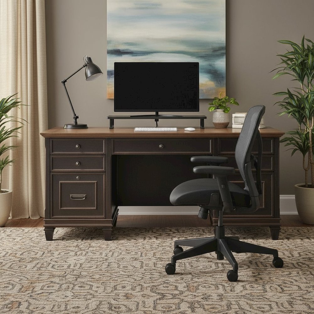 Wood Double Pedestal Desk, 7 Drawers, Locking File, Black