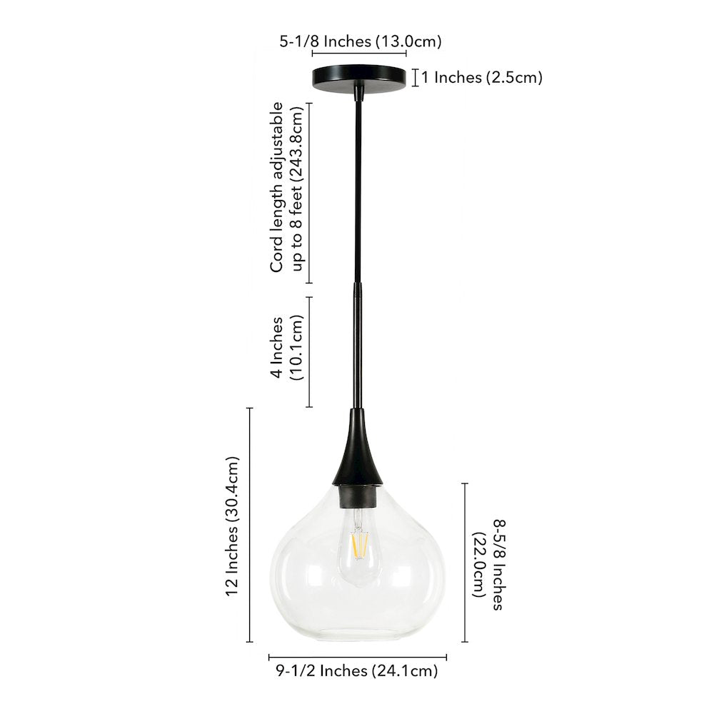 9" Mid-Century Pendant Light Fixture with Glass Shade and 8' Cord, Flat Black