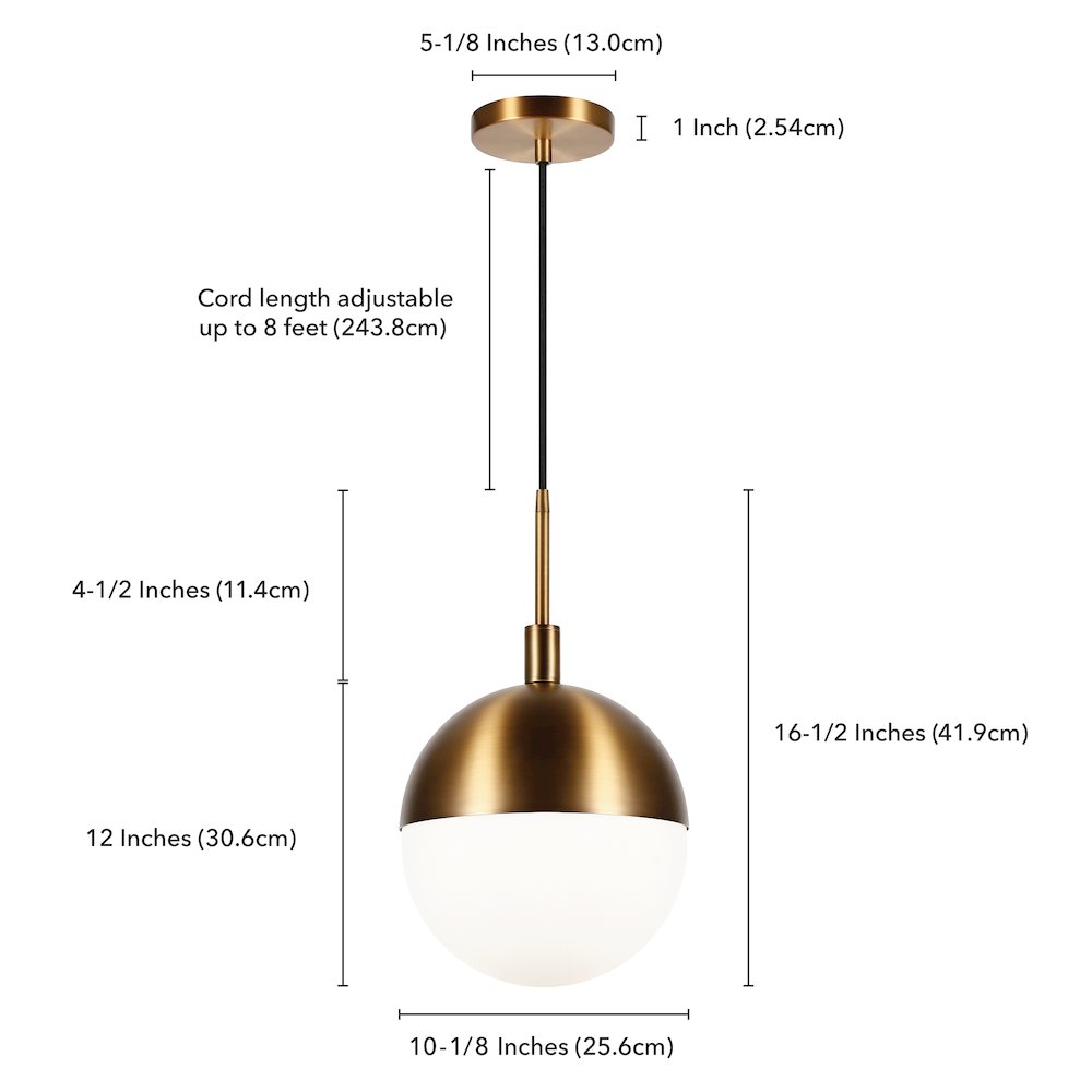 10" Modern Pendant Light Fixture with White Glass Globe Shade and 8' Cord, Gold