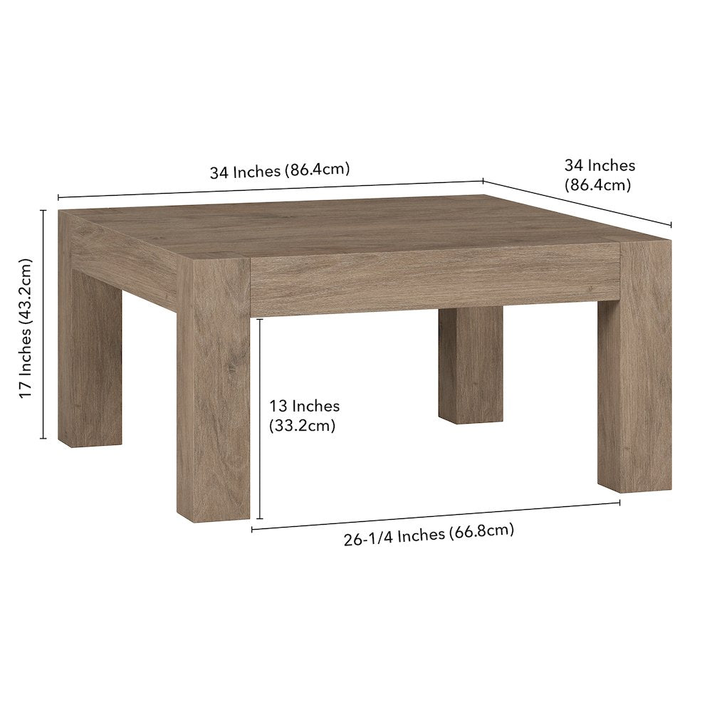 34" Square Coffee Table with Wood Top, Weathered Gray
