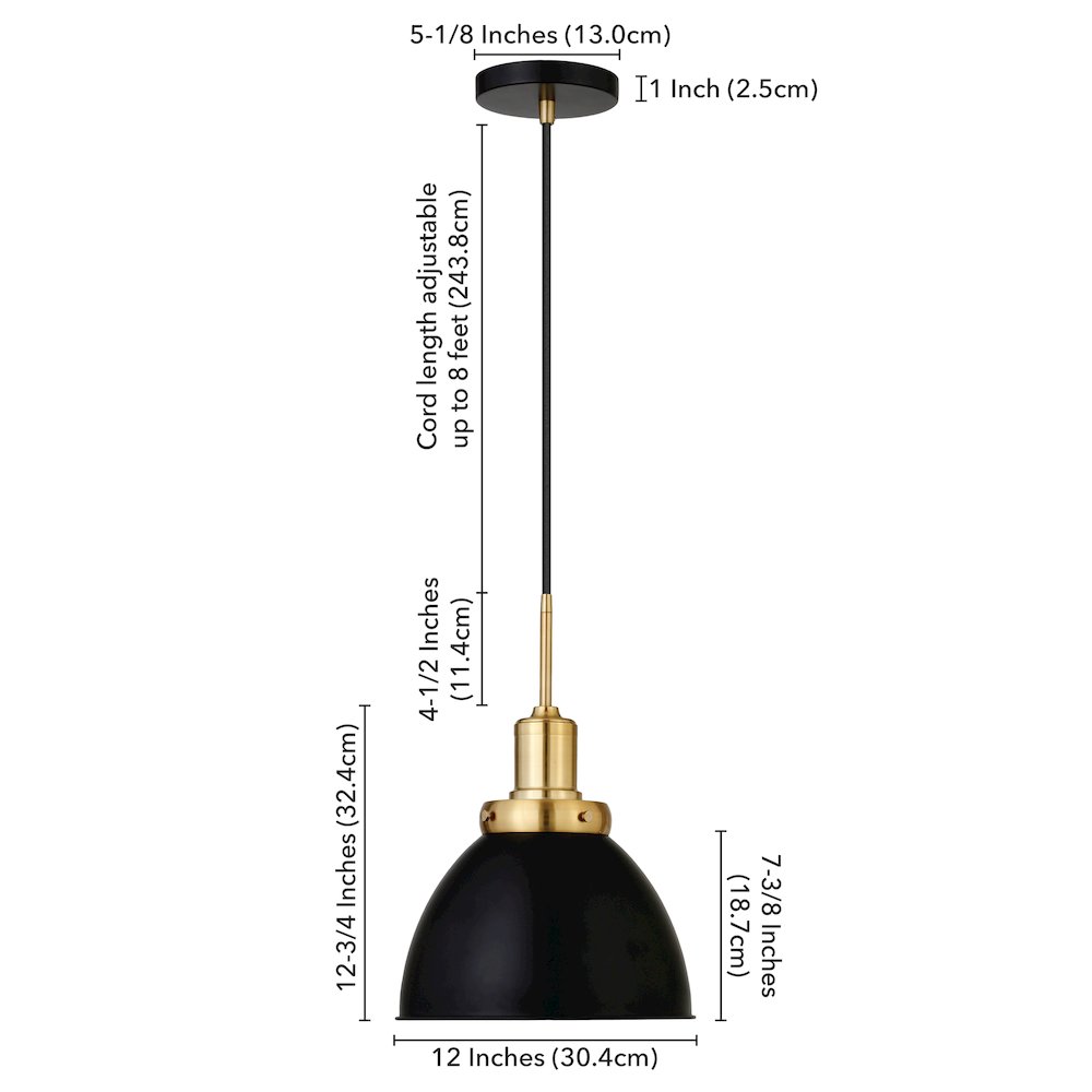 12" Industrial Two-Toned Pendant Light Fixture with Shade and 8', Ebony/Gold