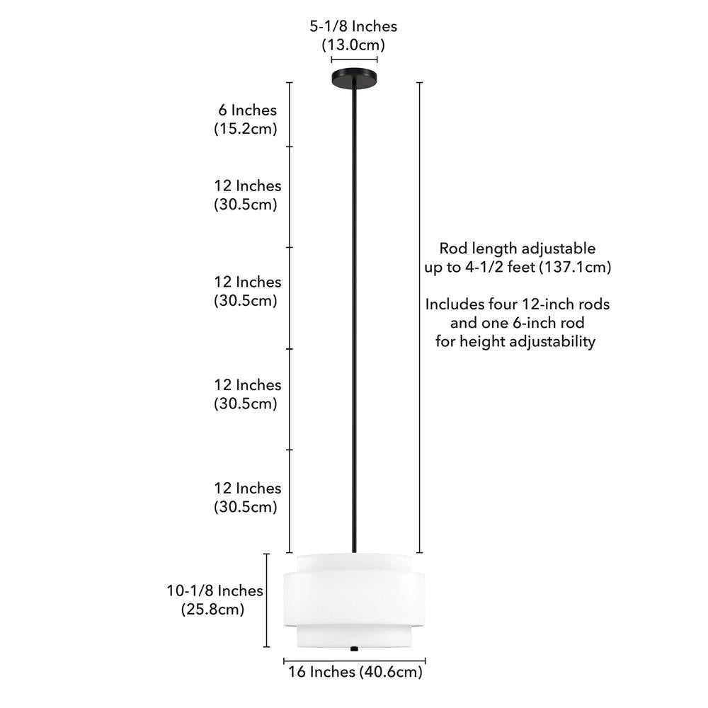 16" Wide 2-Light Pendant with Tiered Fabric Shade in Blackened Bronze/White