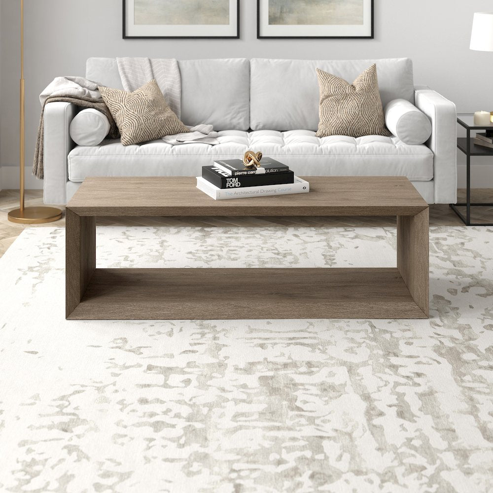 58" Rectangular Coffee Table with Open Storage Shelf, Weathered Gray