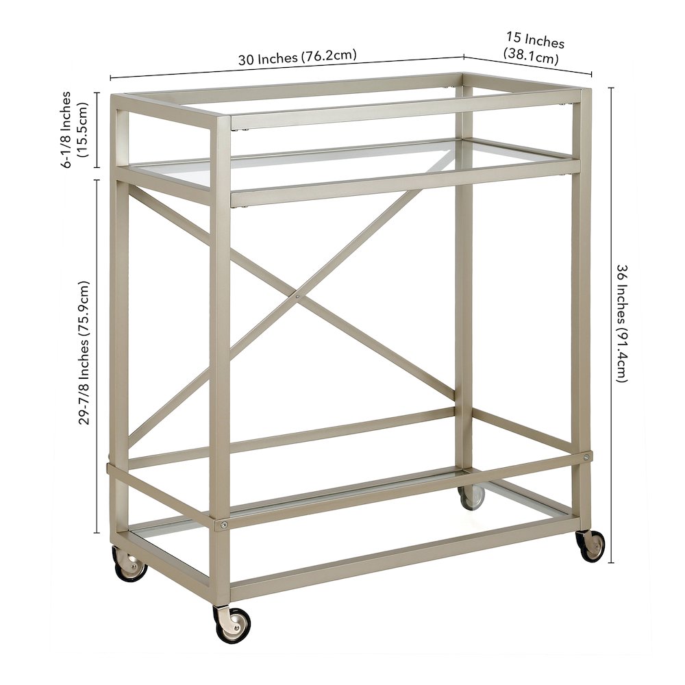 30'' 2-Tier Portable Bar Cart with Glass Shelves and Caster Wheels, Satin Silver
