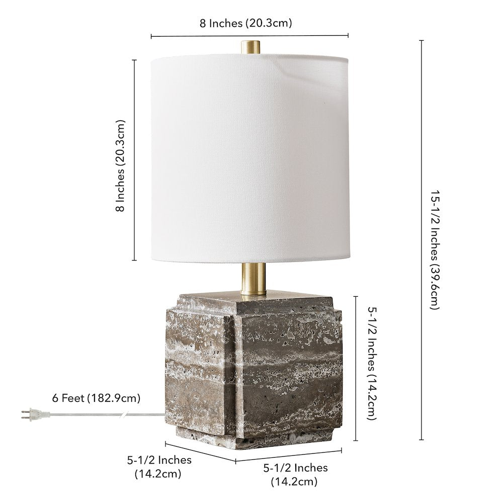 Pacha 16" Tall Stone Table Lamp with Fabric Shade in Gray Veined Travertine