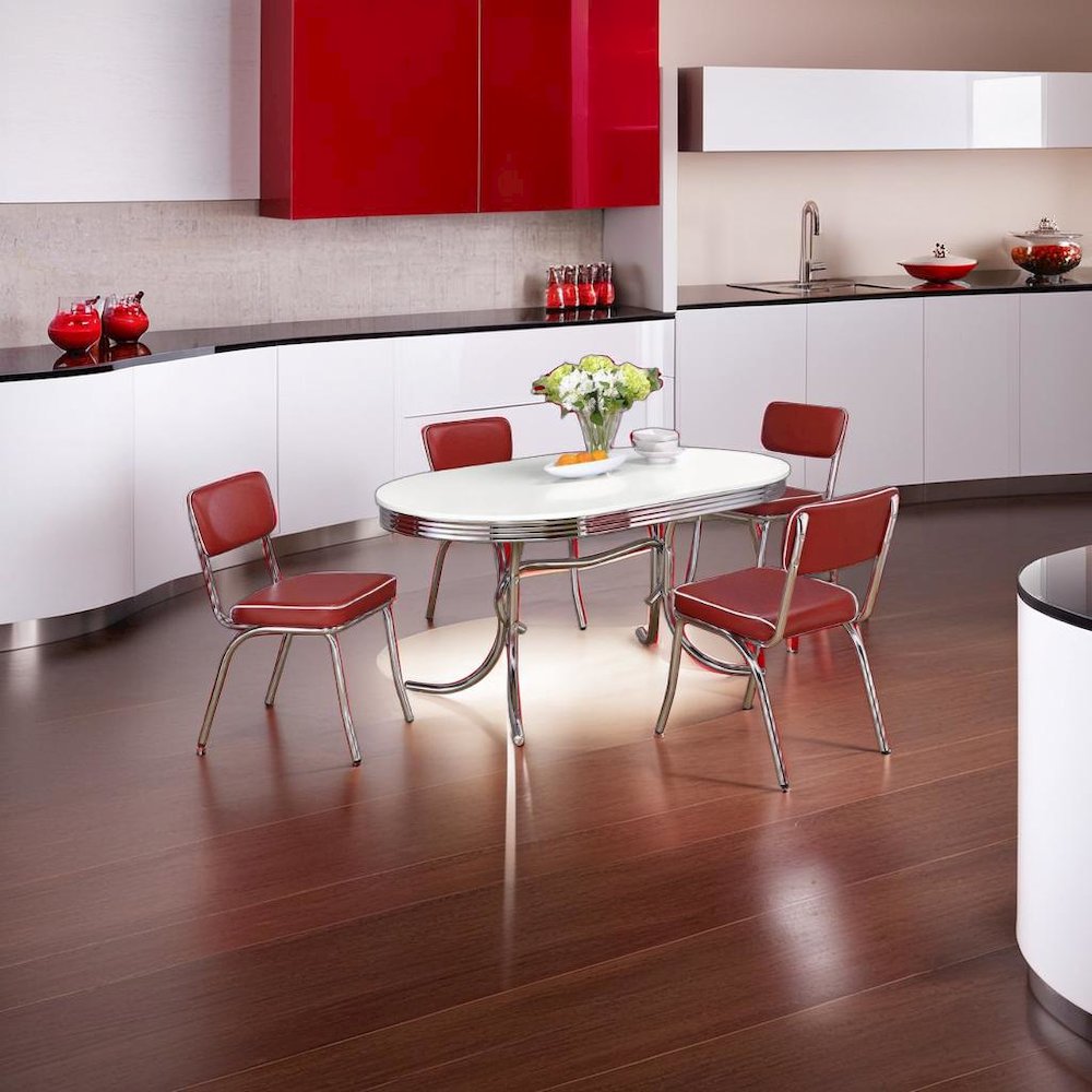 Elegant Oval Dining Set Featuring 5 Pieces in Glossy White and Red Finish