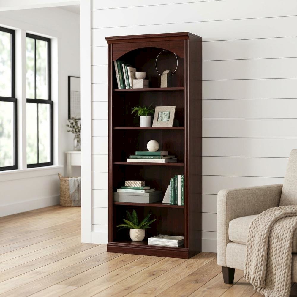 Cherry finish storage bookcase with transitional style and rectangular shape