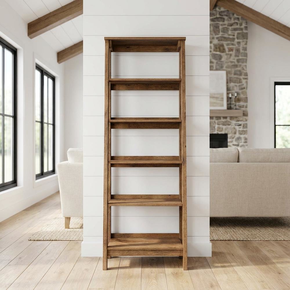 Vintage Oak finish trestle open shelving for versatile storage and display