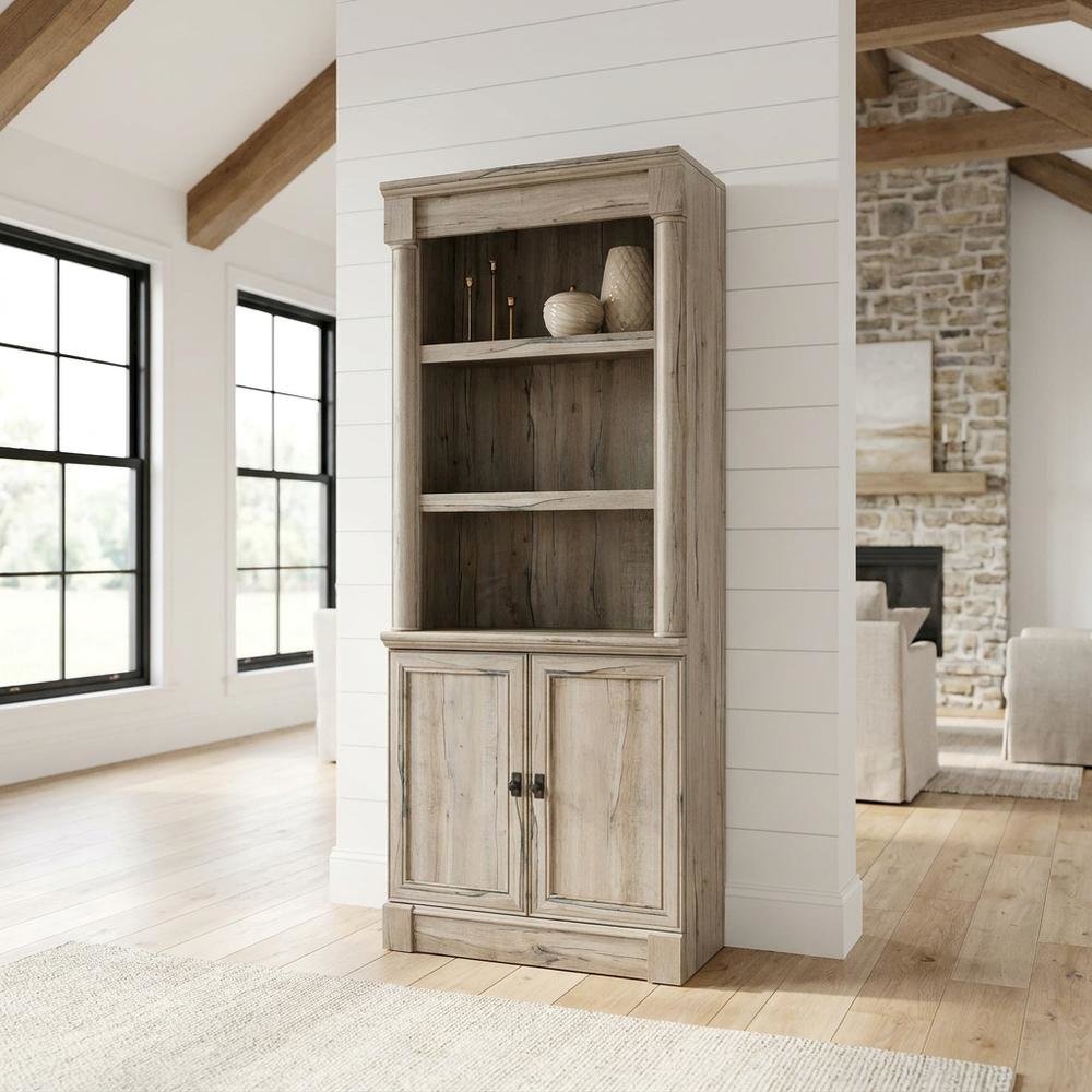 Oak Finish Bookcase with Modern Storage Design