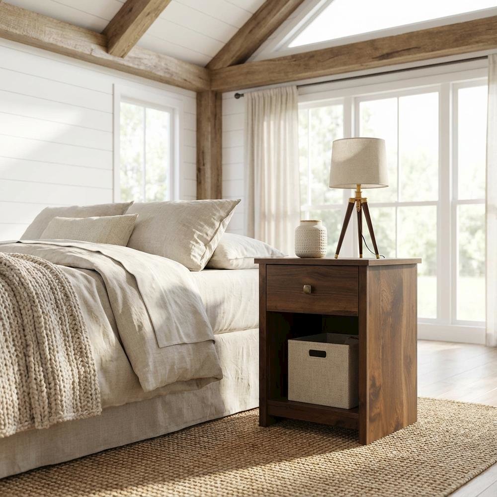 Nightstand with Rich Walnut Finish and Transitional Style