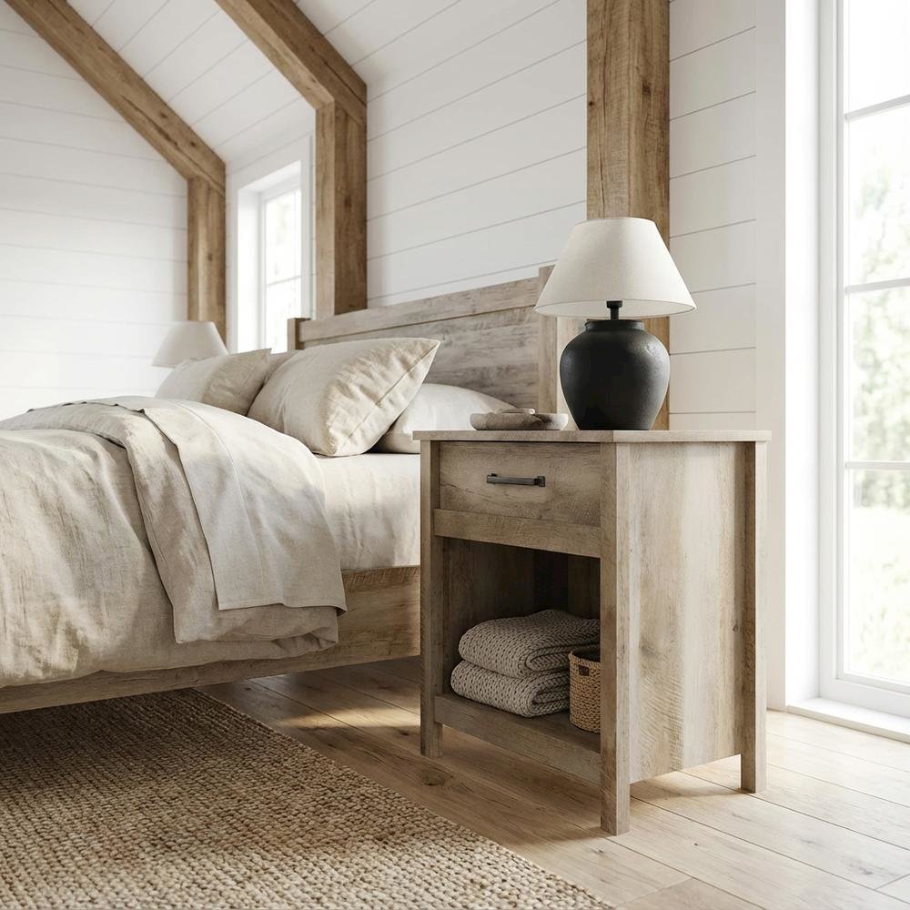 Lintel Oak Finish Night Stand with Industrial and Modern Farmhouse Style