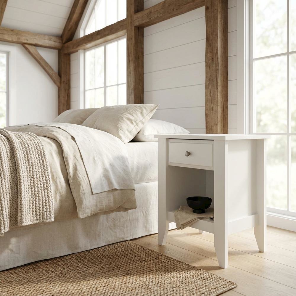 Soft White Night Stand with Coastal Cottage and Transitional Style