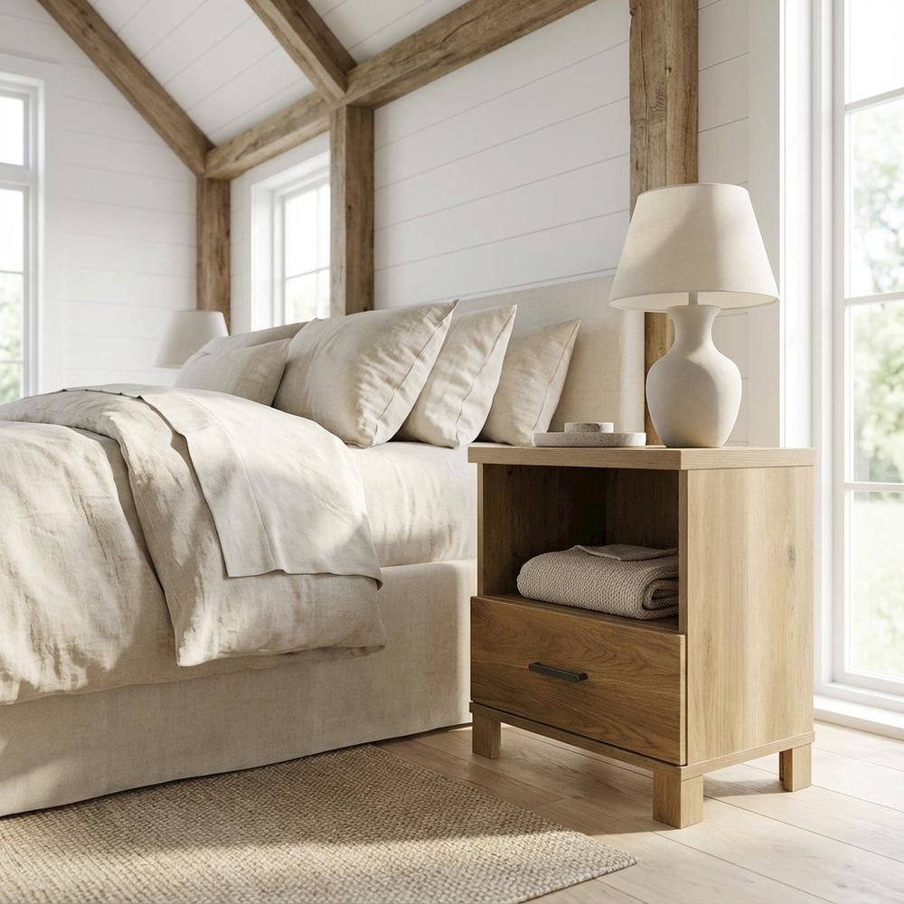 Wooden Nightstand in Timber Oak Finish with Rustic and Modern Farmhouse Style