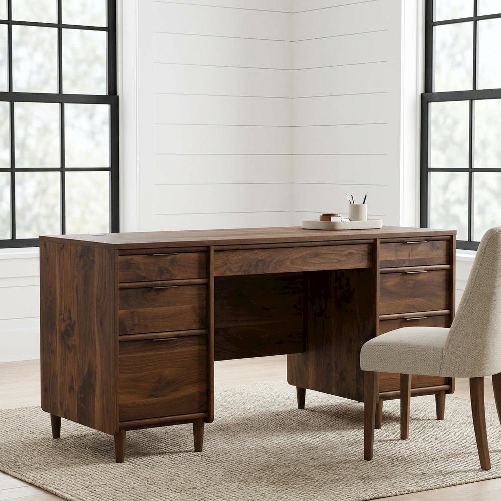 Elegant Walnut Finish Office Desk, Mid-Century Modern Style, Rectangular Design